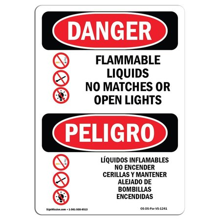 SIGNMISSION Safety Sign, OSHA Danger, 24" Height, Rigid Plastic, Flammable Liquids No Matches Spanish OS-DS-P-1824-VS-1241